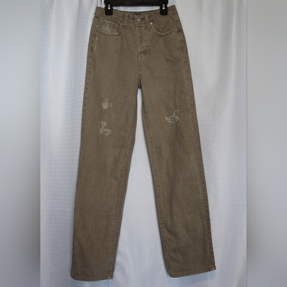 Women’s High Rise Distressed Straight Leg Jeans - Light Brown Size 00 & 4 - Picture 10 of 12